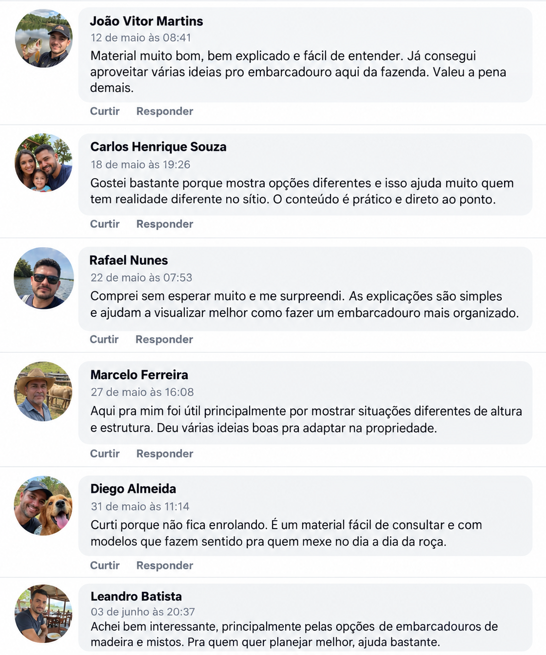 Comentários ilustrativos de produtores sobre o material. Exemplos fictícios, não são depoimentos autênticos.